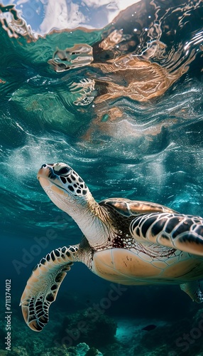 turtles swimming up underwater 