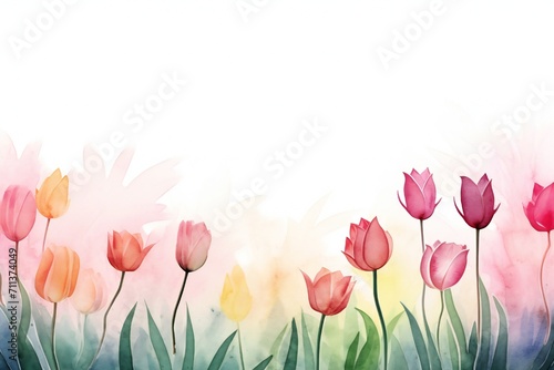 Watercolor wet ink style, soft spring field, tulip flowers, minimal with empty copy space Generative Ai © LayerAce.com