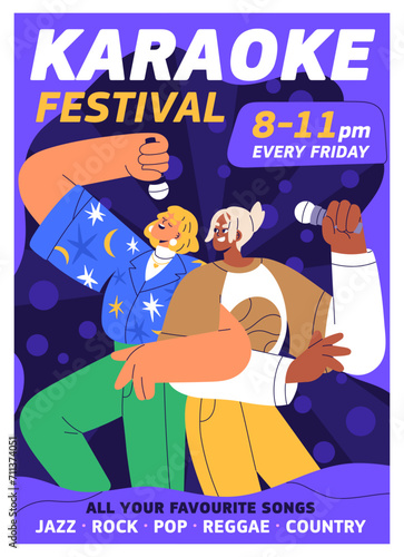 Karaoke club, music and song party, advertising card design. Voice event, pos...