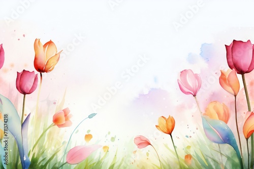 Watercolor wet ink style  soft spring field  tulip flowers  minimal with empty copy space Generative Ai