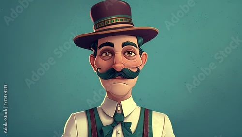 Cartoon digital avatars of Vintage Clothing Shop Owner A retro man with a handlebar mustache, sporting suspenders and a fedora hat. photo