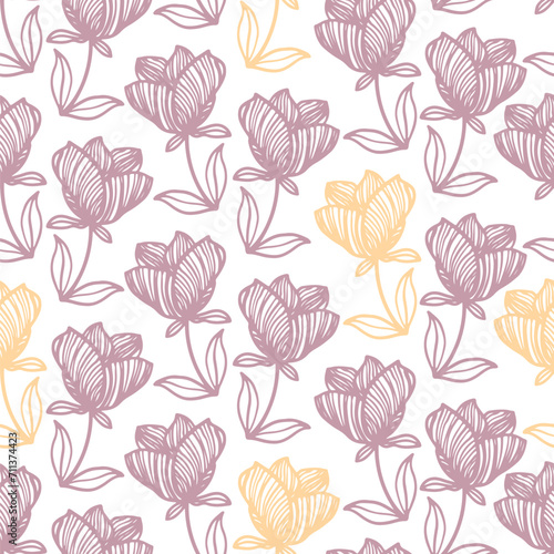 Trendy floral seamless pattern. Hand drawn contour lines of fantastic plants and flowers in magenta and yellow. Vector illustrations of poppies, tulips.