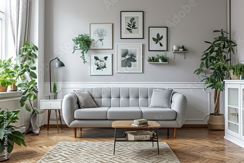 Grey settee near white cupboard in minimal living room interior with posters on the wall. Real photo photo