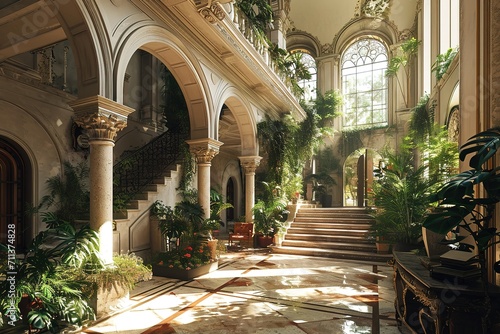 Interior Design of a Huge Mansion with the Style of a Monaster  Some Vegetation and Plants.