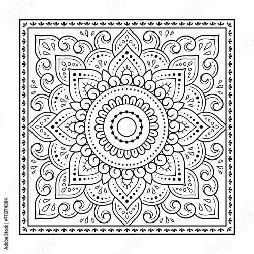 Decorative pattern of flowers and paisley for printing on fabric. Ornament for a bandana, a silk neckerchief, a tablecloth or a kerchief. Square sketch in tribal or oriental style.