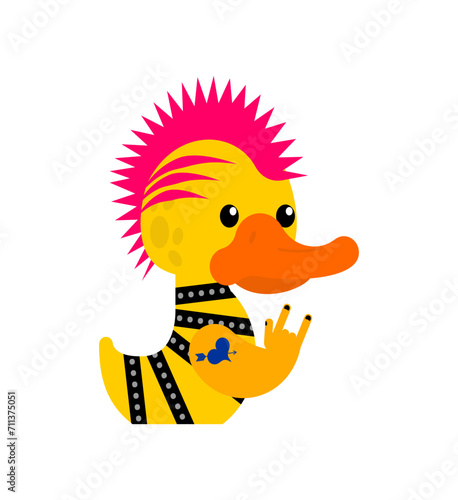 Rubber duck punk. Toy yellow duck punk. Mohawk and tattoo. Anarchy and piercing
