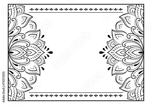 Frame in eastern tradition. Stylized with henna tattoos decorative pattern for decorating covers for book, notebook, casket, magazine, postcard and folder. Flower border in mehndi style.