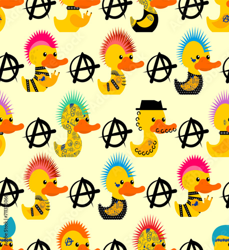 Rubber duck punk pattern seamless. Toy yellow duck punks background. Mohawk and tattoo. Anarchy and piercing texture
