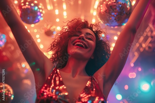 Joyful woman dancing under disco balls with vibrant party lights.