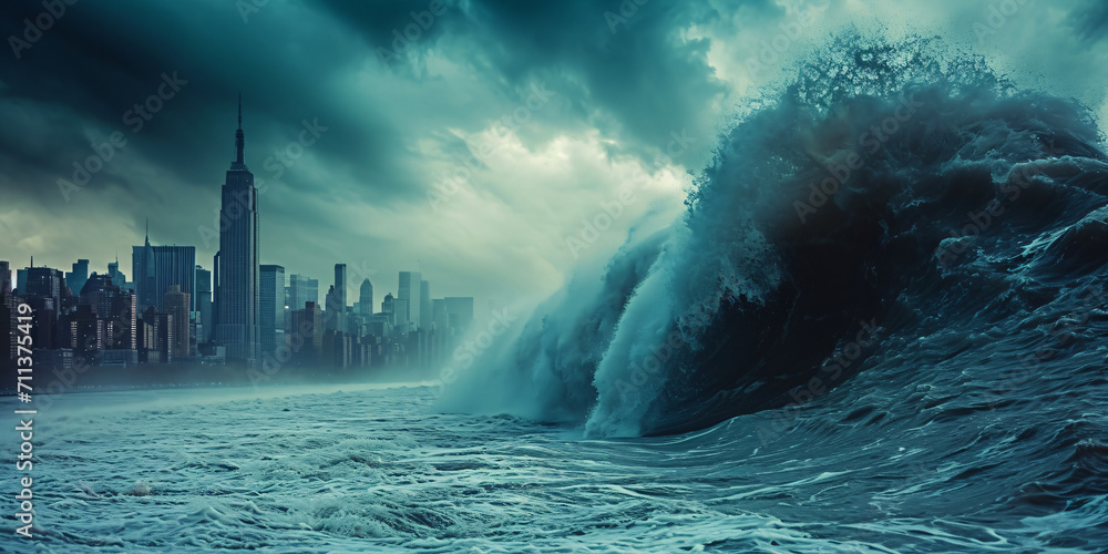 a huge storm surge with a deadly tidal wave is racing towards a large city - obrazy, fototapety, plakaty 