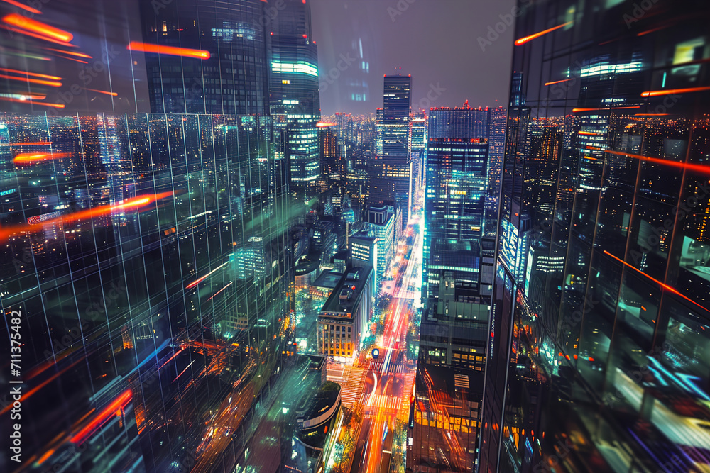 A cityscape at night with high-tech lighting effects. A cityscape at night with high-tech lighting effects.
