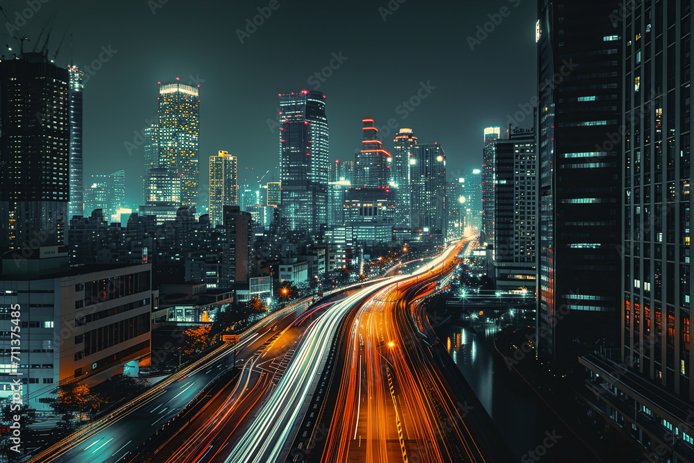 A cityscape at night with high-tech lighting effects.