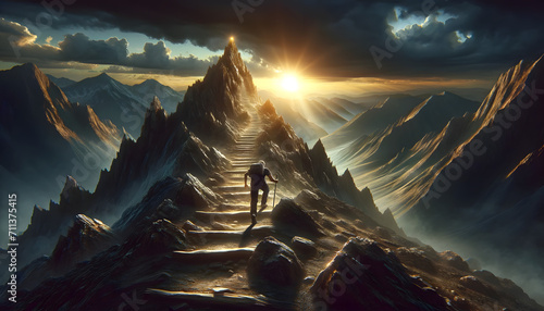 Escalador alcanzando la cima de la montaña al amanecer, simbolizando la conquista de metas y el espíritu de aventura en la inmensidad de la naturaleza photo