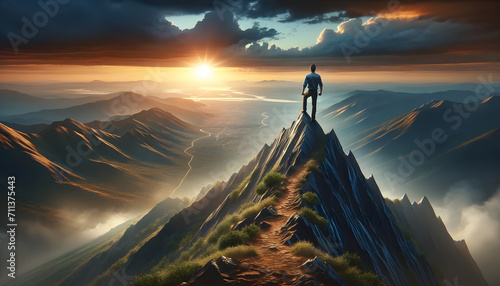 Viajero contemplando el paisaje desde la cima de una montaña al amanecer, una imagen que inspira libertad, paz y la grandeza de la naturaleza