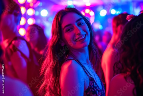 Smiling young woman enjoying a vibrant party atmosphere with colorful lights in the background.