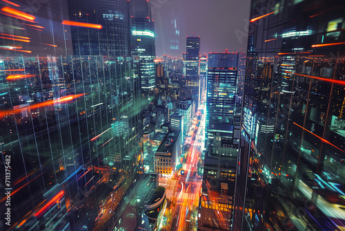 A cityscape at night with high-tech lighting effects.