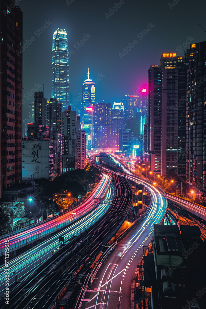 Fototapeta premium A cityscape at night with high-tech lighting effects.