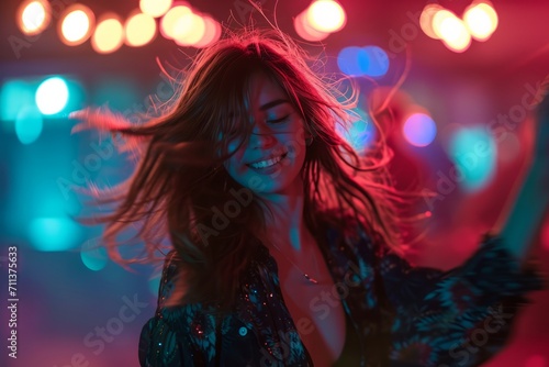Joyful young woman dancing in a club with vibrant neon lights and dynamic motion blur.