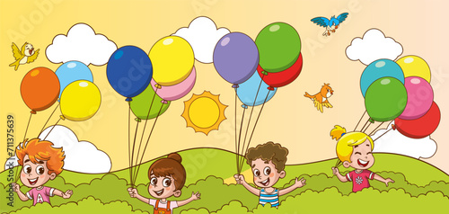 vector illustration of children playing with balloons