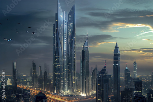 Futuristic skyscrapers with innovative architectural designs.