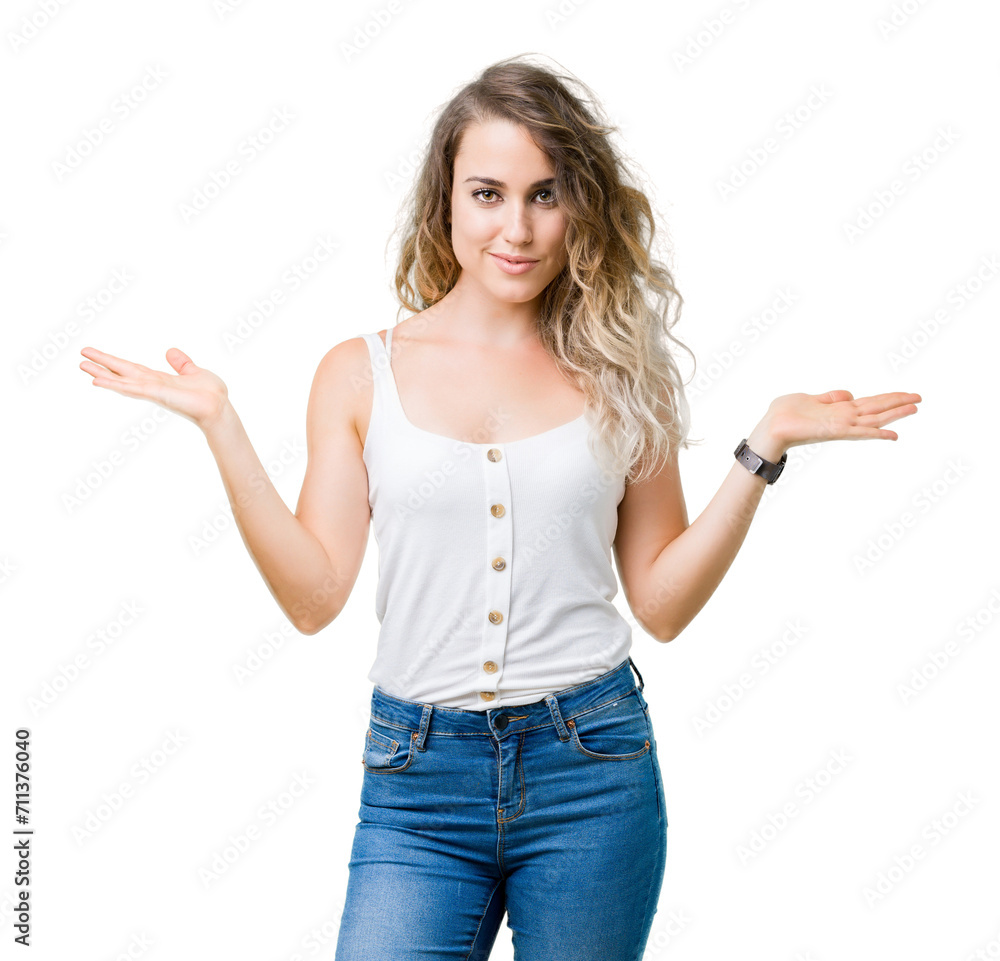 Beautiful young blonde woman over isolated background Smiling showing both hands open palms, presenting and advertising comparison and balance Beautiful young blonde woman over isolated background Smiling showing both hands open palms, presenting and advertising comparison and balance