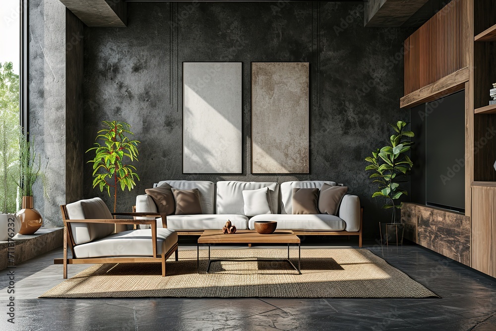 mockup of empty picture frames hanging on the wall of a modern living room, interior with features, modern furniture .