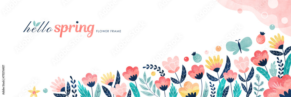 春の花のバナー背景 カラフルな水彩の植物イラスト枠