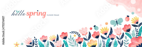 春の花のバナー背景 カラフルな水彩の植物イラスト枠 photo