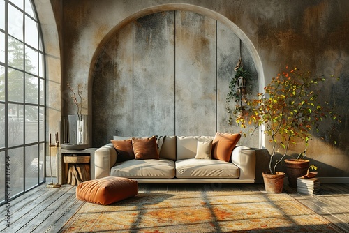 Loft home interior design of modern living room. beige sofa with terra cotta pillows against arched window near stucco wall with copy space. © abstract Art