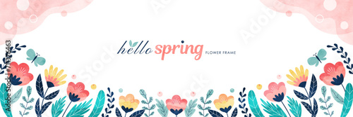 春の花のバナー背景 カラフルな水彩の植物イラスト枠