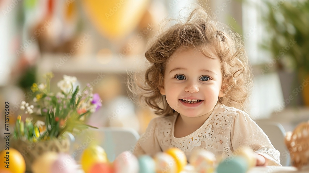 A small smiling happy child is playing with colorful Easter eggs in a cozy home environment A small smiling happy child is playing with colorful Easter eggs in a cozy home environment