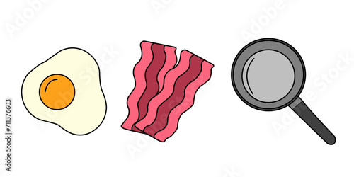 Breakfast with scrambled eggs, bacon and lettuce leaves.Healthy breakfast plate.Morning plate.Fried egg.British breakfast.Isolated on white background.Vector flat illustration.