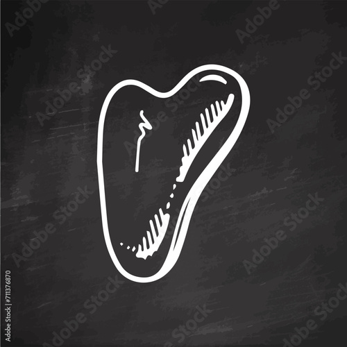 Hand-drawn doodle jade gouache scraper for face and neck massage on chalkboard background. Lifting for healthy and young skin. Fashionable skin care.