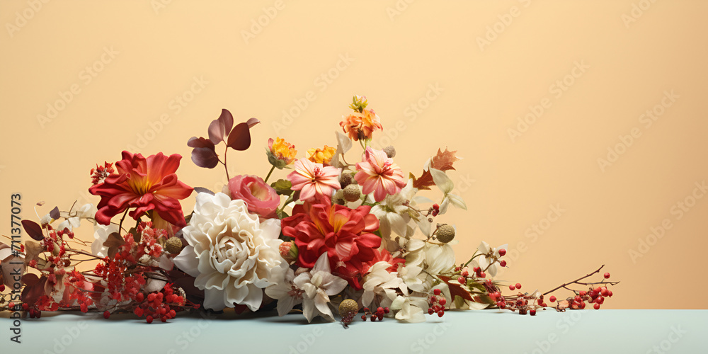 Florists flower arrange on white background, An elegant bouquet of fall flowers against a muted background, Flower bouquet floral arrangement background Web banner, 

