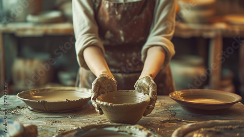 A Close-Up Exploration of the Artisan's Hands in a Ceramic Workshop, Shaping Timeless Beauty