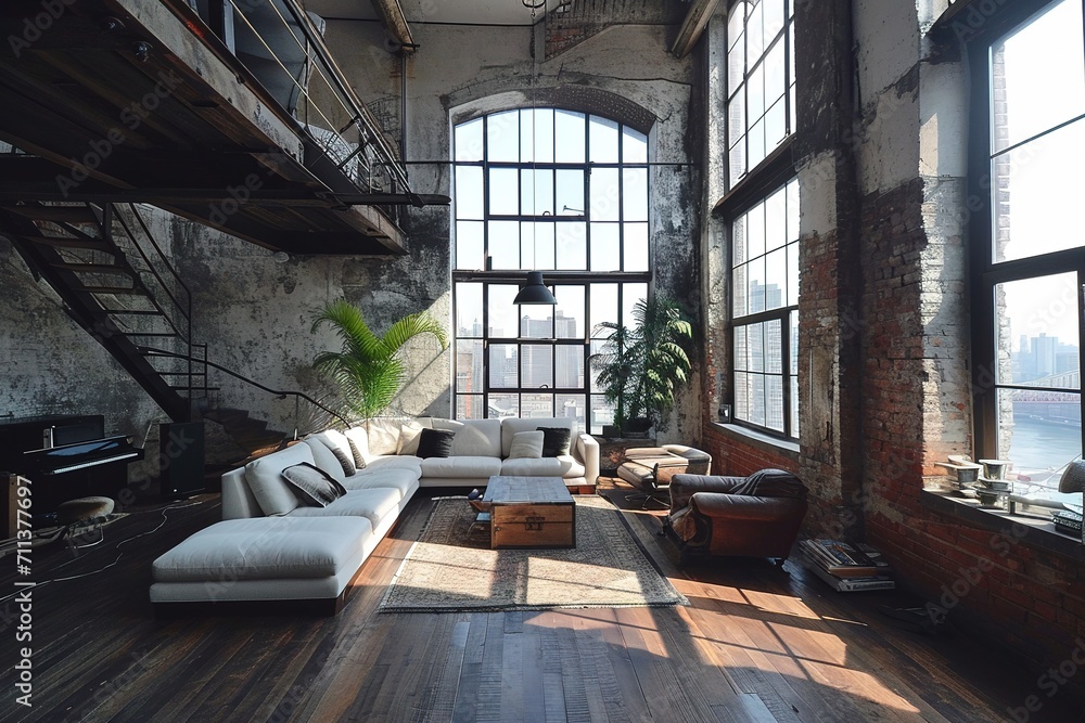 Minimalist industrial loft conversion living room