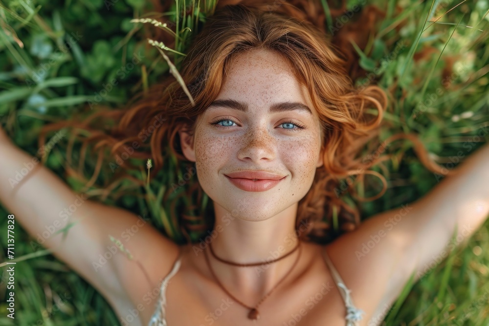 Happy and cute young woman with red hair enjoying summer on a green meadow, radiating joy and calmness. Happy and cute young woman with red hair enjoying summer on a green meadow, radiating joy and calmness.