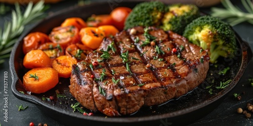 Gourmet grilled beef steak cooked to perfection with vegetables. Juicy fillet with spicy seasoning is a flavorful delicacy.