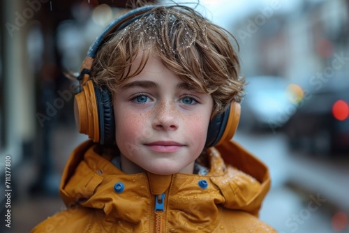 Cute boy enjoying music outdoors, fascinated by the sound from his headphones.