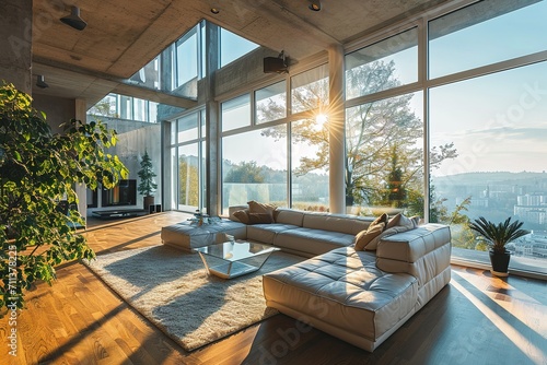 modern living room interior.Keywords  Spacious  modern  L-shaped  floor-to-ceiling windows  comfortable. 