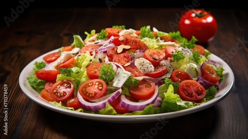 Colorful Fresh Vegetable Salad with Boiled Eggs in a Rustic Bowl on Wooden Background.