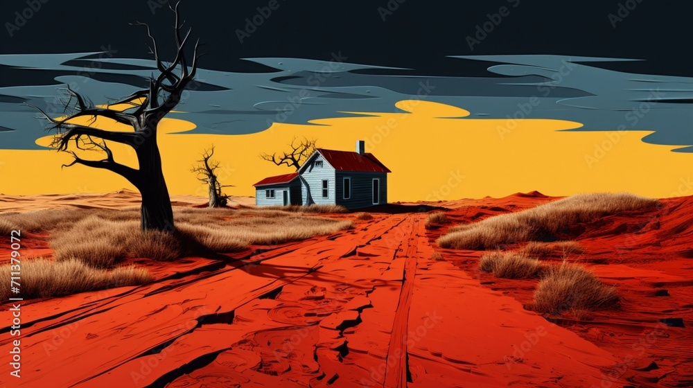 A whimsical abstract landscape depicting a red pathway leading to a house - Generative AI