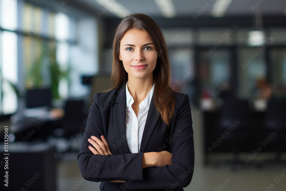 Business woman. Portrait of a caucasian, beautiful, young and happy woman in a suit standing in a modern office. Smiling female manager looking at the camera in a workplace Business woman. Portrait of a caucasian, beautiful, young and happy woman in a suit standing in a modern office. Smiling female manager looking at the camera in a workplace