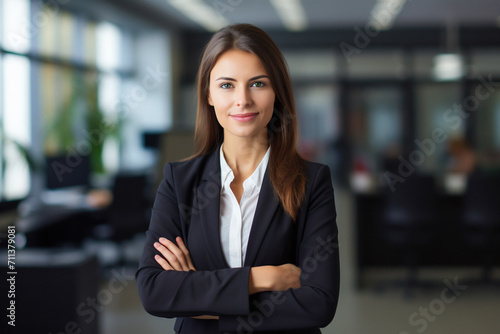 Business woman. Portrait of a caucasian, beautiful, young and happy woman in a suit standing in a modern office. Smiling female manager looking at the camera in a workplace