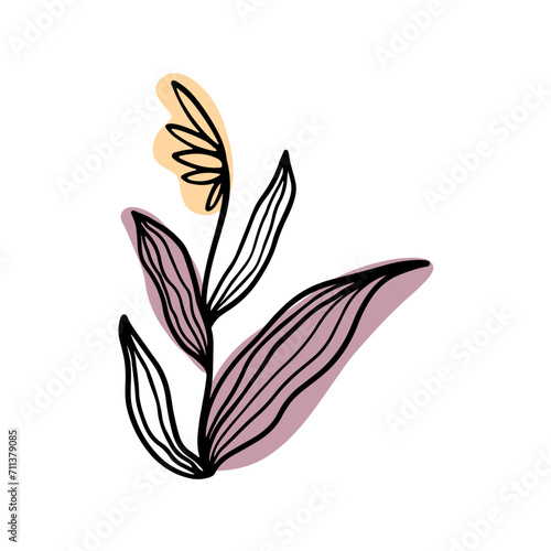 Trend illustration of a tropical flower on abstract stained substrates of pastel pink and yellow colors. Hand-drawn contour lines of a fantastic stylized plant. Vector illustration isolated on white.