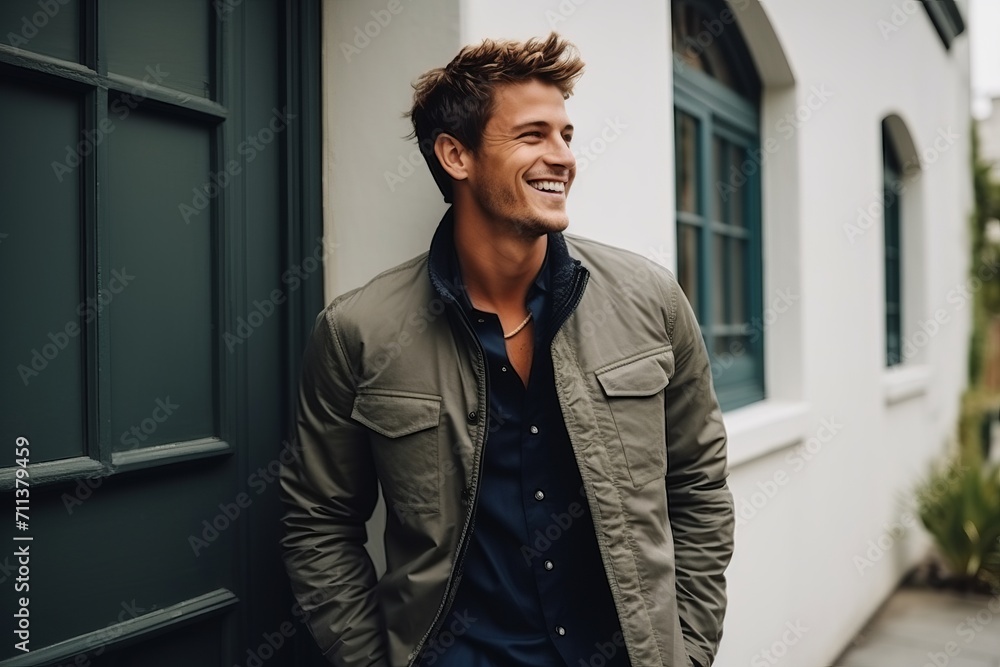 Portrait of a handsome young man smiling outdoors. Men's beauty, fashion. Portrait of a handsome young man smiling outdoors. Men's beauty, fashion.