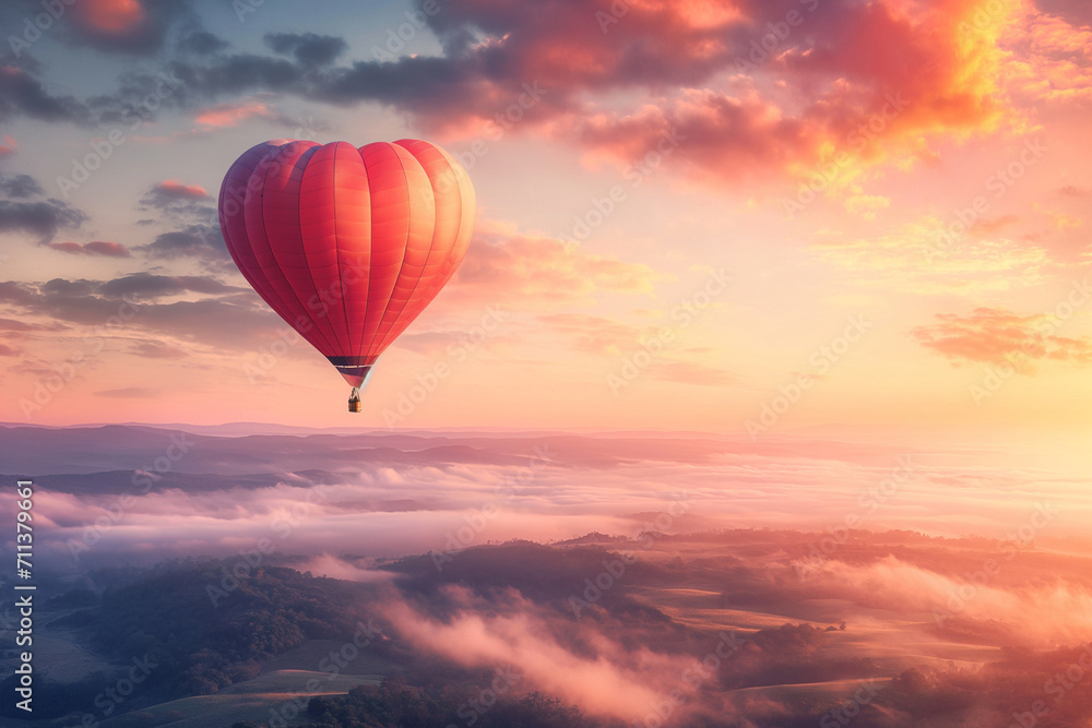 Obraz premium enchanting Valentine's Day banner capturing the essence of love with a magical heart-shaped hot air balloon floating above a picturesque landscape, leaving space for your personal Valentine's message