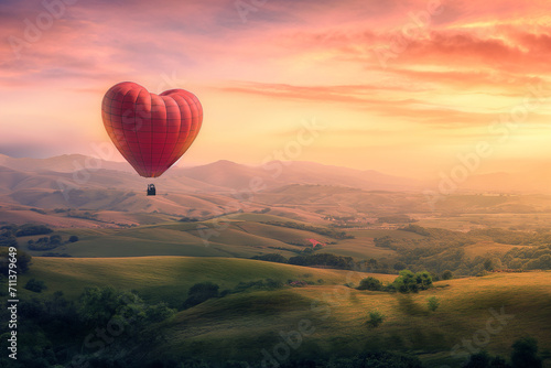 enchanting Valentine's Day banner capturing the essence of love with a magical heart-shaped hot air balloon floating above a picturesque landscape, leaving space for your personal Valentine's message