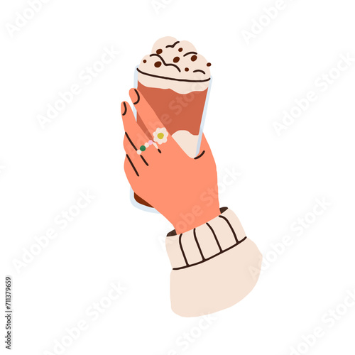 Hand holding coffee in glass mug. Sweet cocoa drink. Hot beverage with whipped cream, milk foam, cacao. Tasty yummy latte, cappuccino. Flat vector illustration isolated on white background