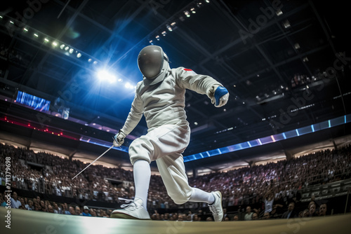 fencing athlete in a competition, in a stadium full of people. Digital AI © Gesfera Images
